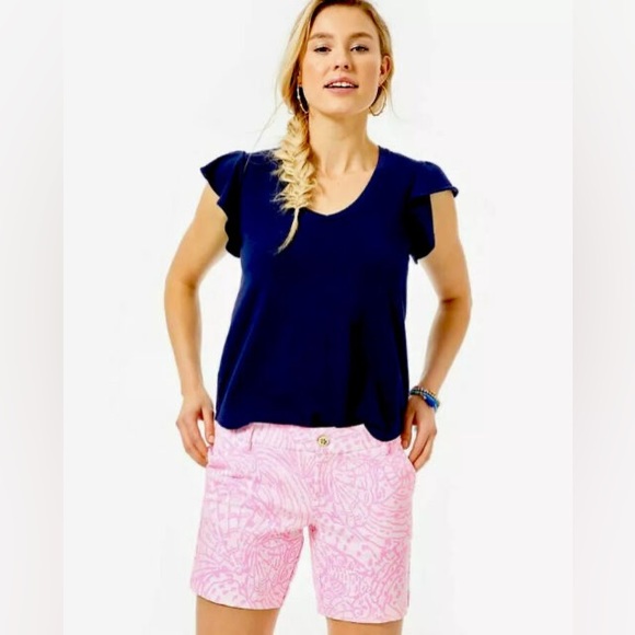 Lilly Pulitzer Pants - Lilly Pulitzer Jayne Knit Shorts Pelican Pink Sea Cups Print 7” Inseam Size 14